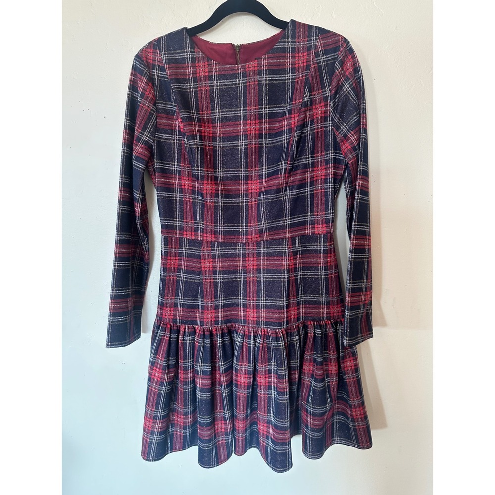 Alexia Admor Plaid Metallic Drop Waist Ruffle Mini Dress Red Navy Gold Size M